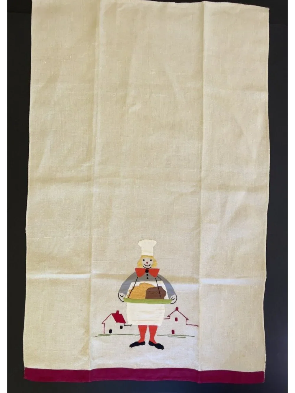 Vintage Jamaican Allsides Workroom Applique Linen Tea Towels Pair Folk Art Set